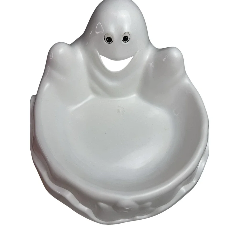 TWO- Vintage 90s Y2K Halloween Plastic‎ White Ghost Candy Dish Tray Bowl Spooky